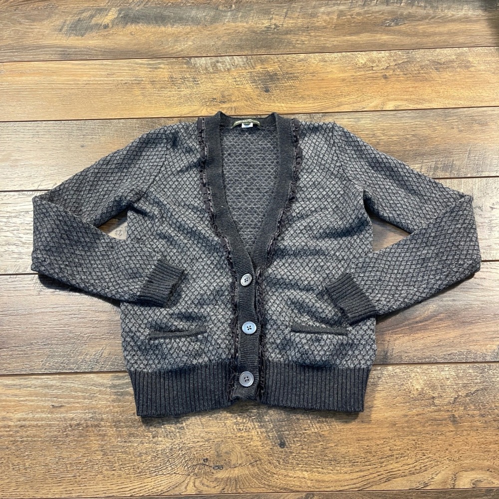 Eddie Bauer Grey Cotton Merino Wool Ruffle Trim Diamond Knit Cardigan Sweater S